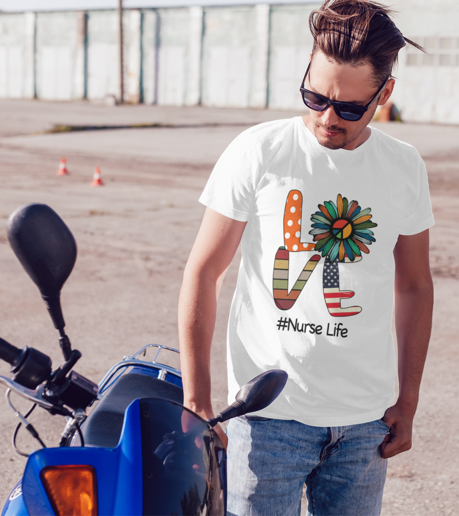 LOVE Peace Flower American Flag #NurseLife T-Shirt