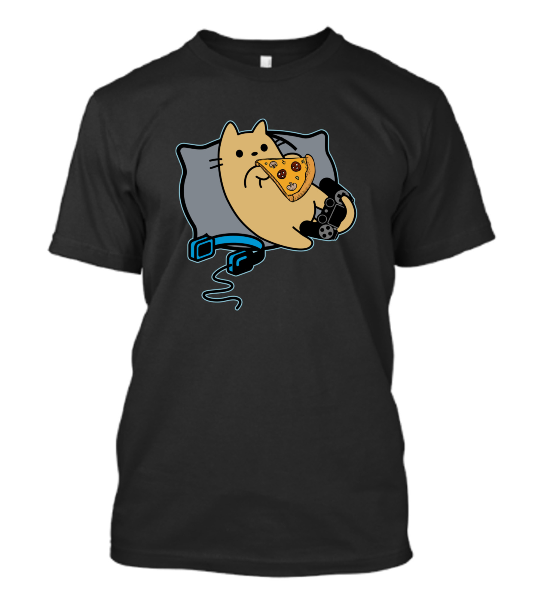 Nerdy Cat Eating Pizza With Game Controller Paused T-Shirt