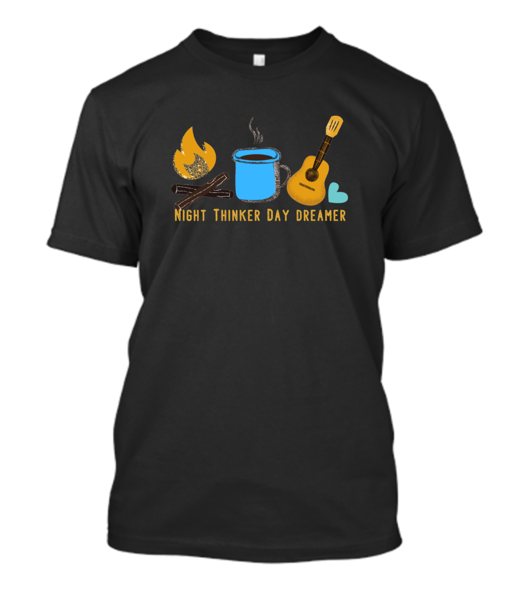 Night Thinker Day Dreamer Campfire Coffee Guitar Heart T-Shirt