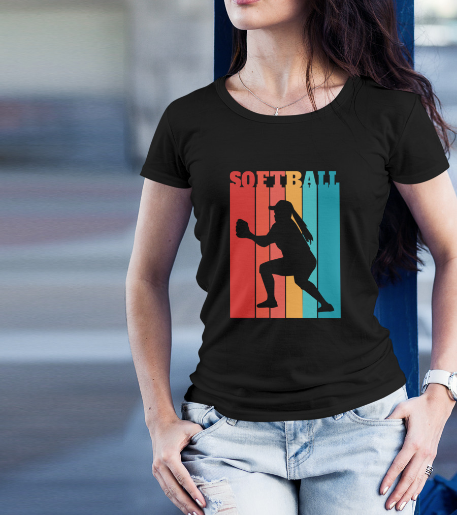 Softball Catcher Retro Silhouette Stripes T-Shirt