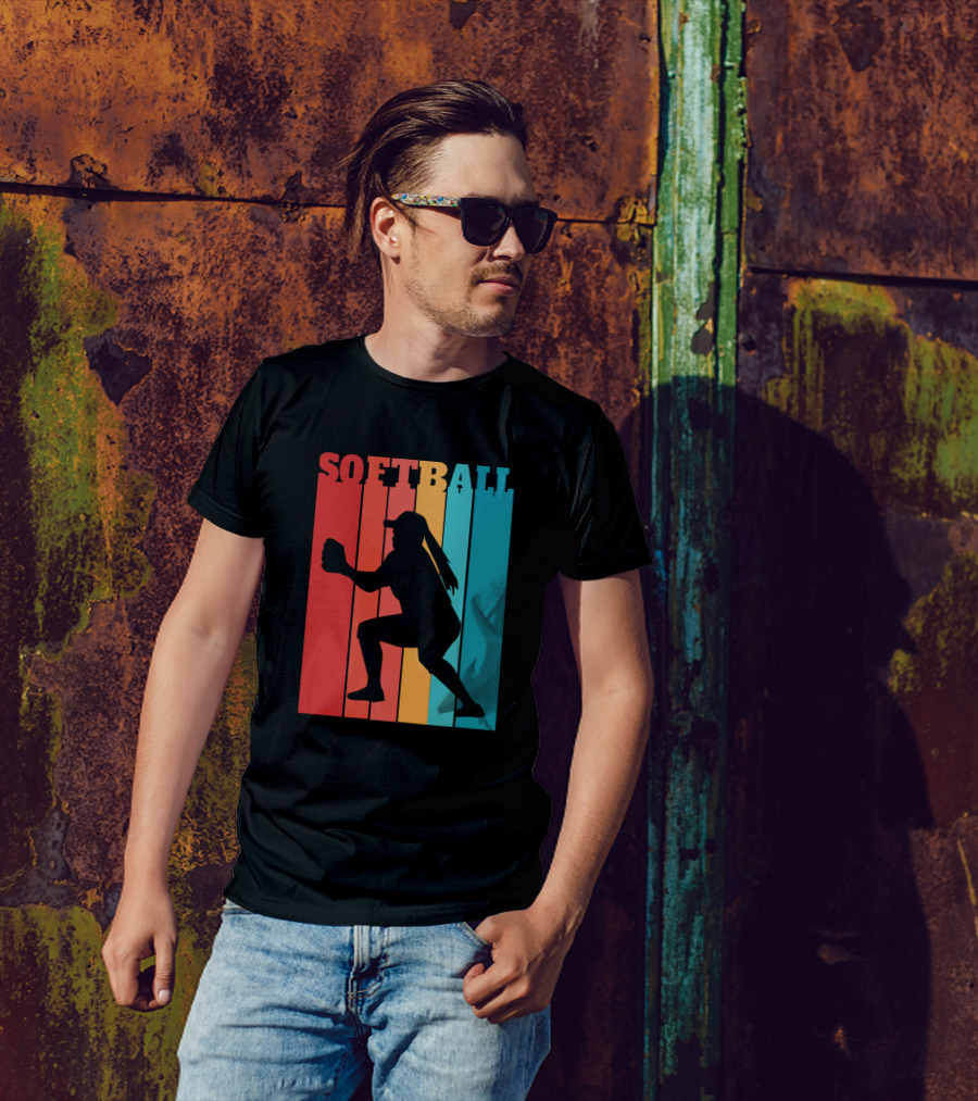 Softball Catcher Retro Silhouette Stripes T-Shirt