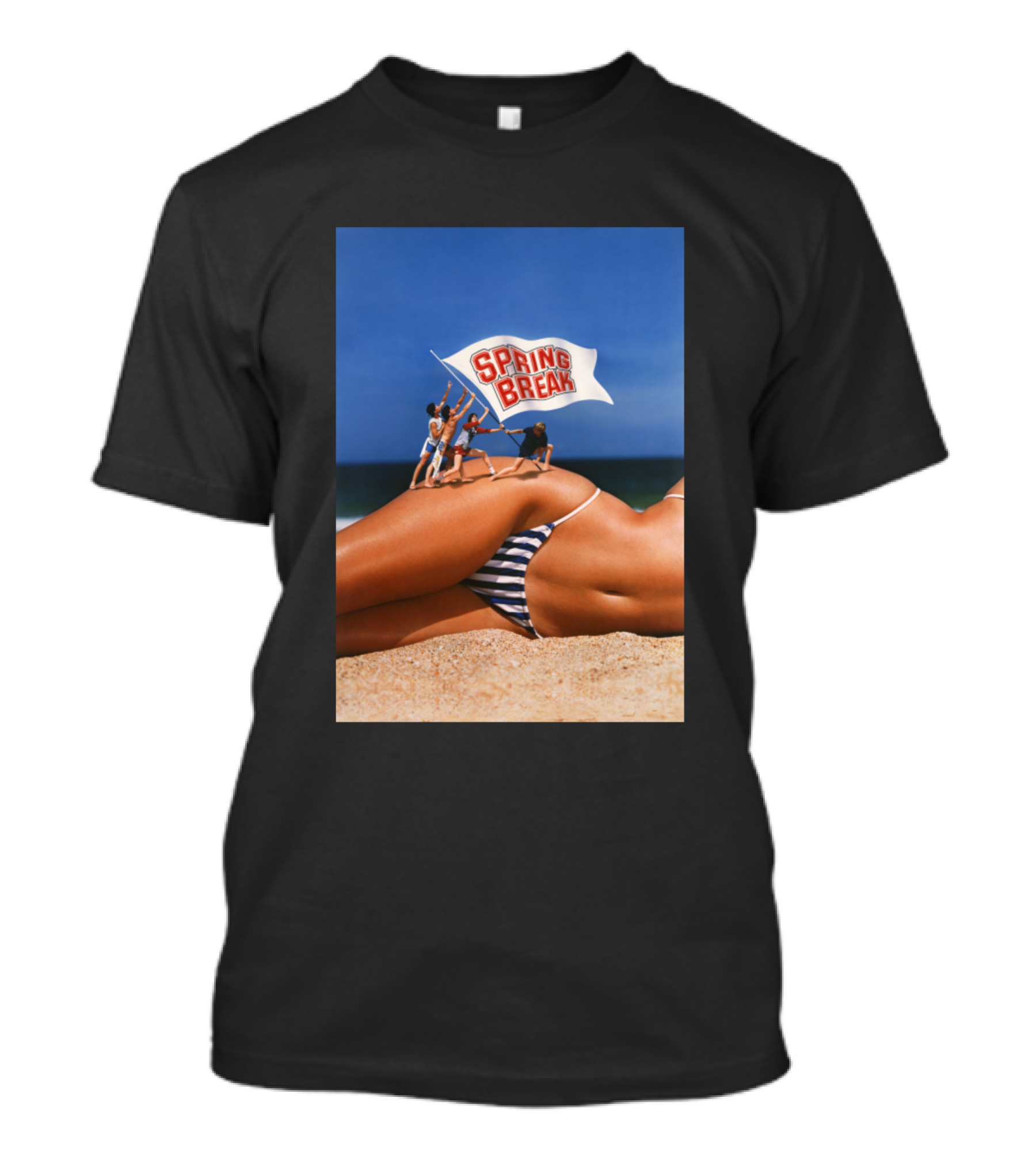 Spring Break Beach Fun With Striped Bikini And Flag T-Shirt