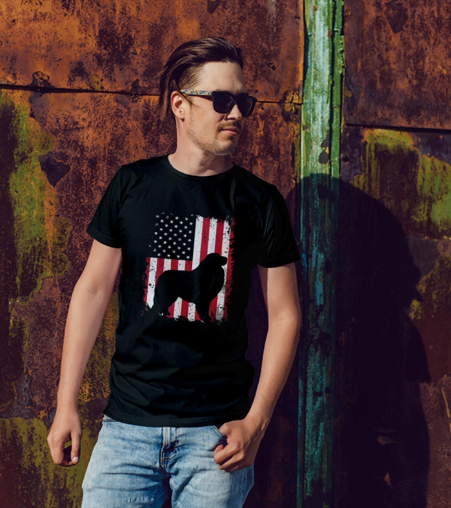 Great Pyrenees Silhouette With American Flag Background For 4th Of July T-Shirt