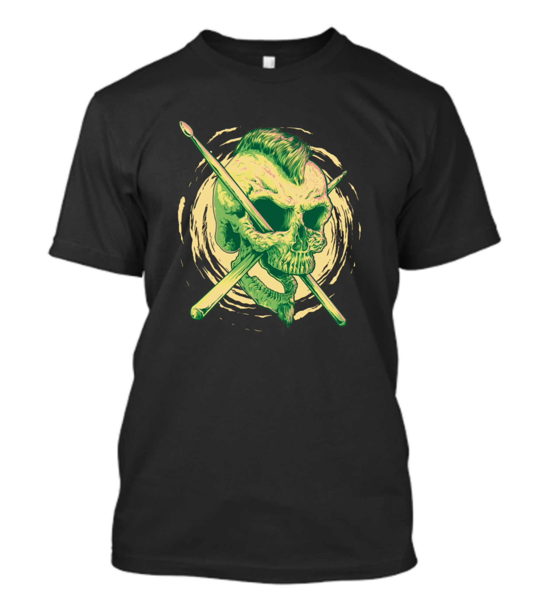 Green Skull Drummer Crossed Drumsticks Mohawk T-Shirt