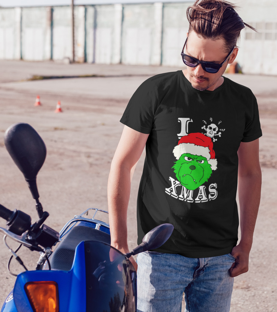 I Hate Xmas Grinch With Santa Hat And Skull T-Shirt