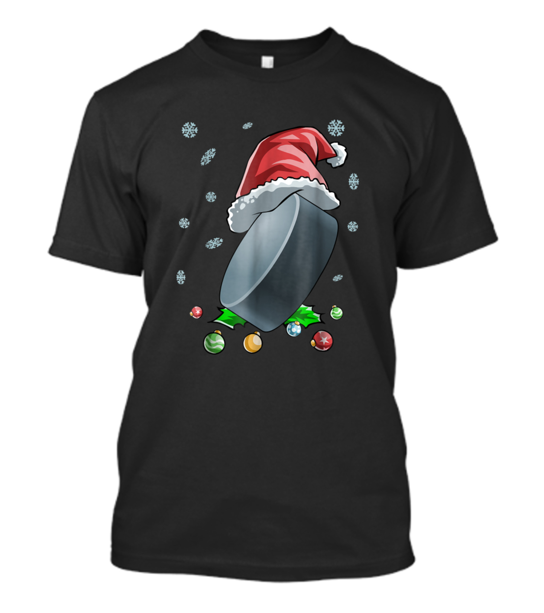 Ice Hockey Puck Christmas Santa Hat With Snowflakes And Ornaments T-Shirt