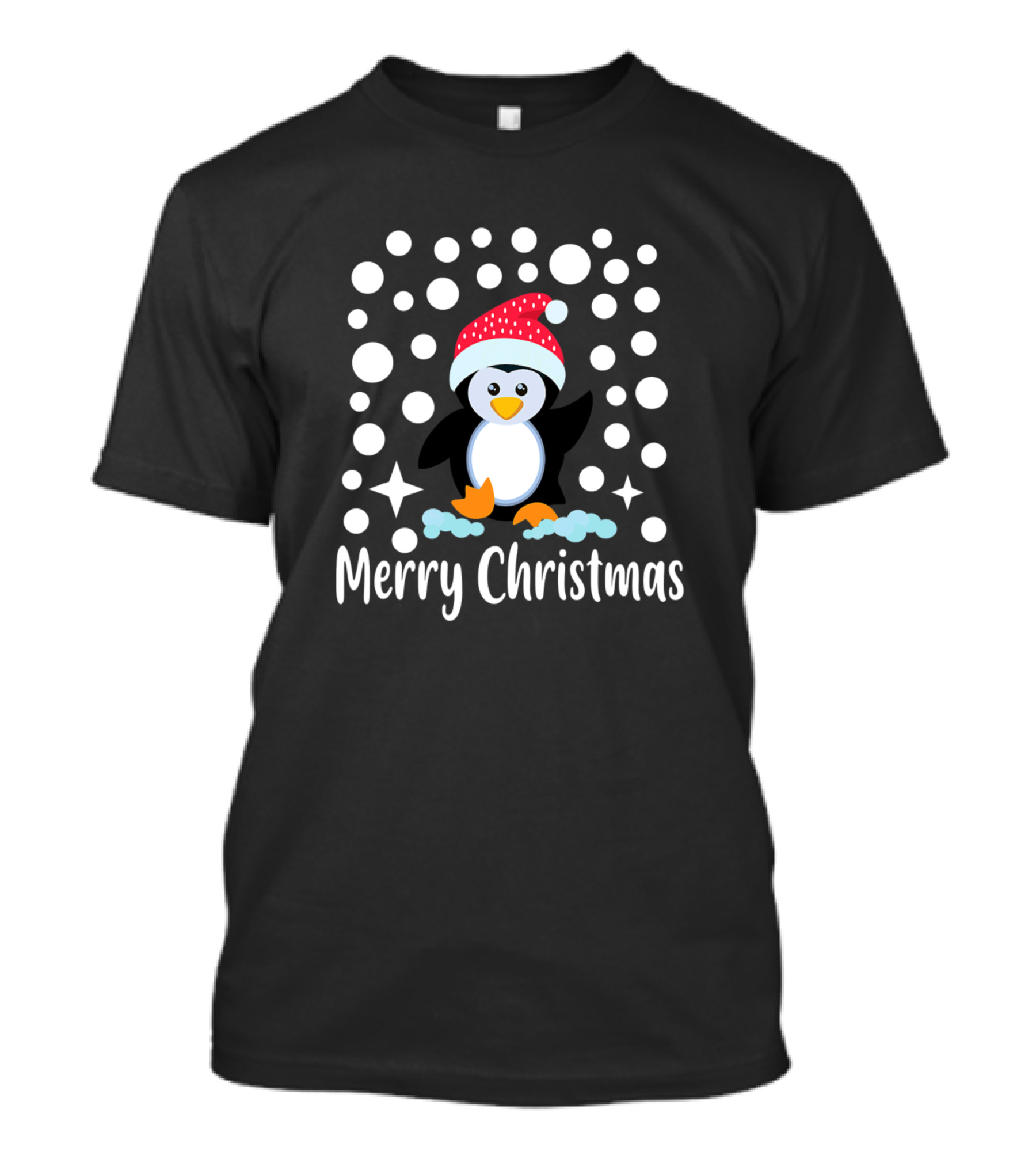 Merry Christmas Penguin With Snow Blue Outfit Red Hat T-Shirt