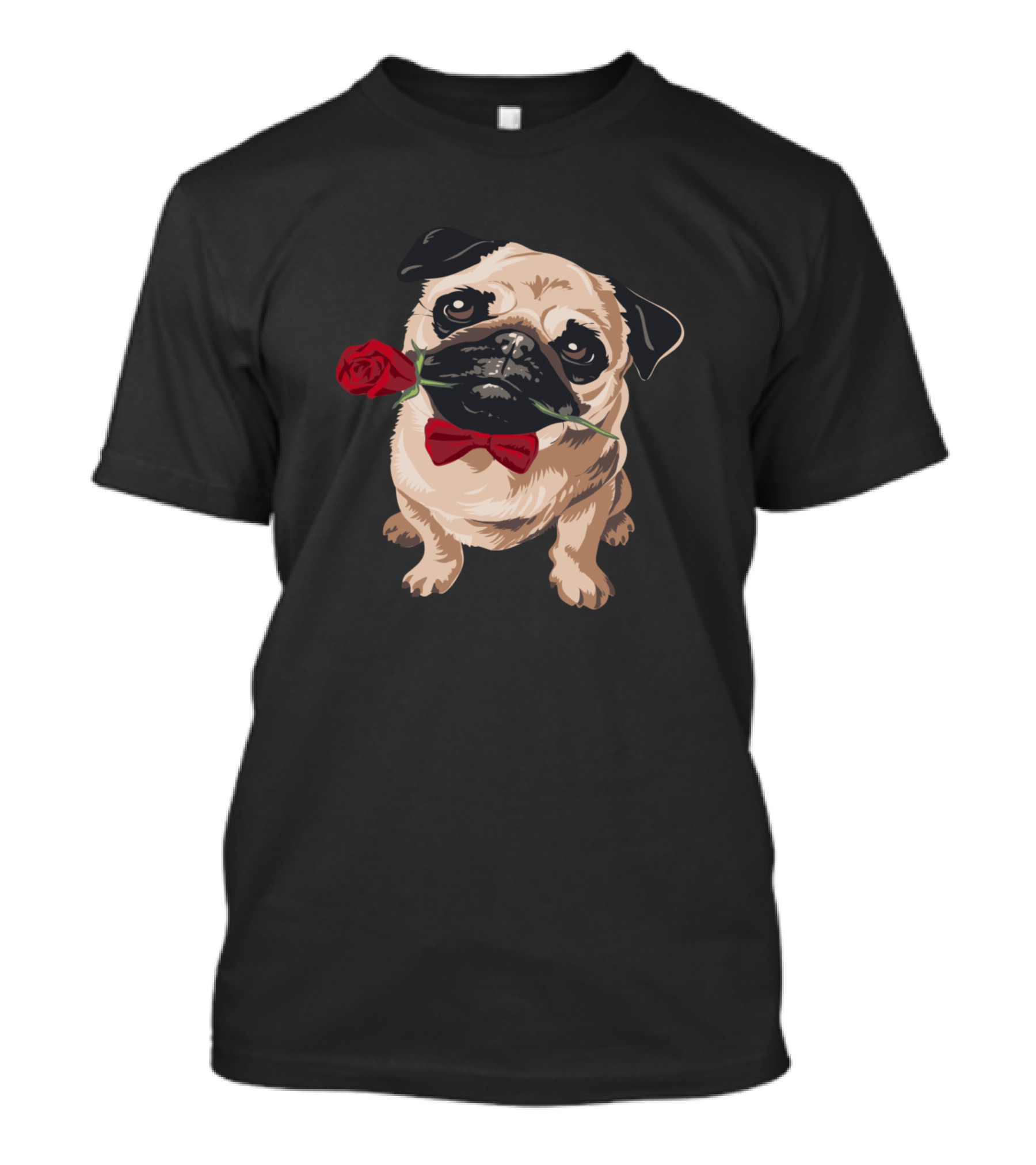 Pug Dog Holding Red Rose With Bow Tie T-Shirt