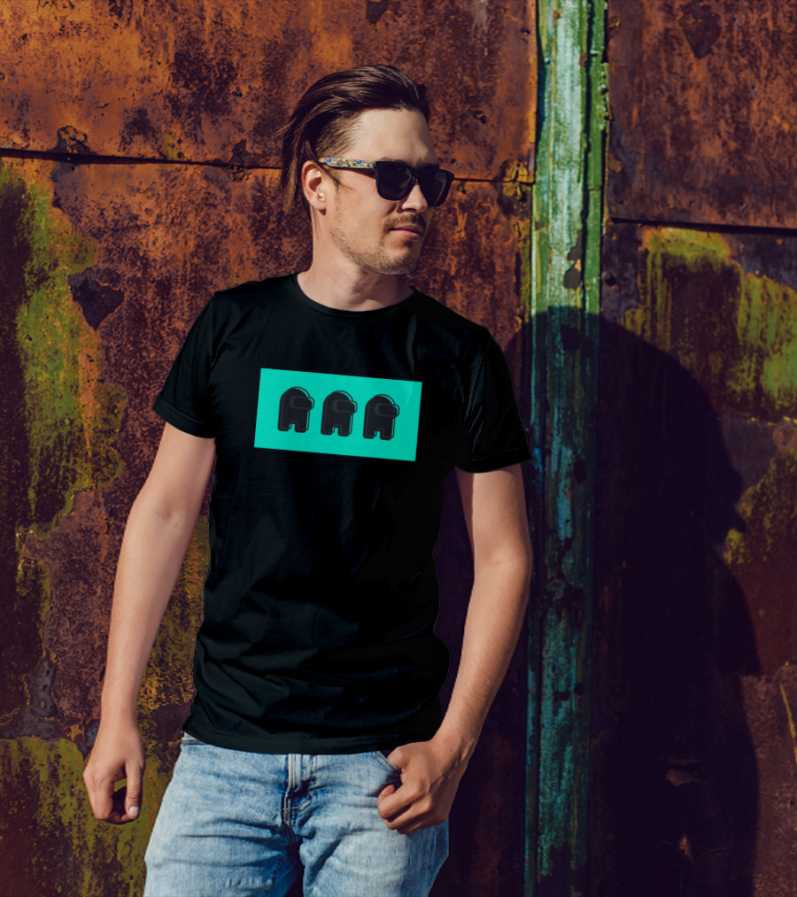 Among Us Black Crewmate Trio Cyan Background T-Shirt