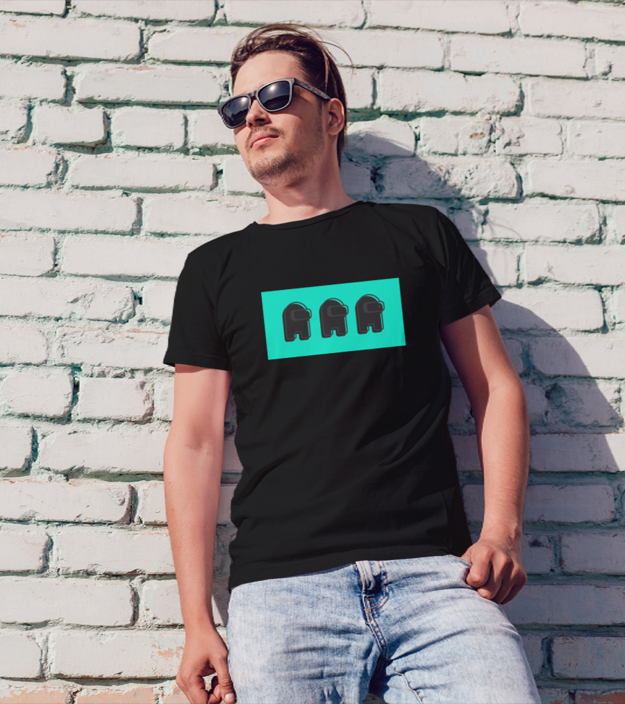 Among Us Black Crewmate Trio Cyan Background T-Shirt