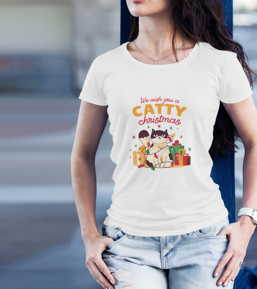We Wish You A Catty Christmas With Festive Cat And Gifts T-Shirt