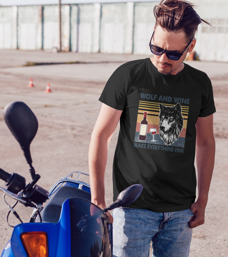 WOLF AND WINE MAKE EVERYTHING FINE Vintage Style Wolf Face With Wine Bottle And Glass T-Shirt