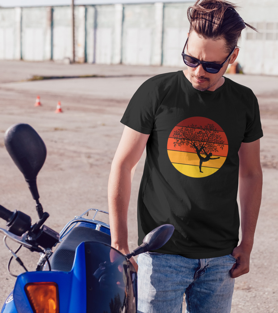Yoga Tree Sunset Silhouette With Branches And Stripes T-Shirt