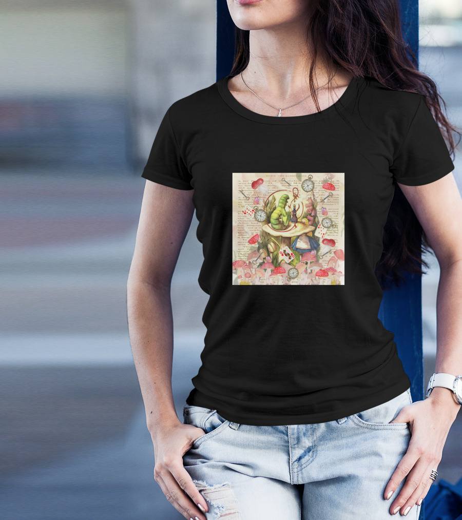 Alice And The Caterpillar Collage On Vintage Text With Mushrooms And Playing Cards T-Shirt