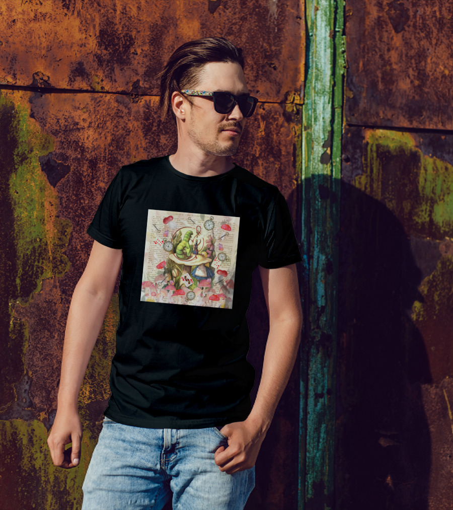 Alice And The Caterpillar Collage On Vintage Text With Mushrooms And Playing Cards T-Shirt