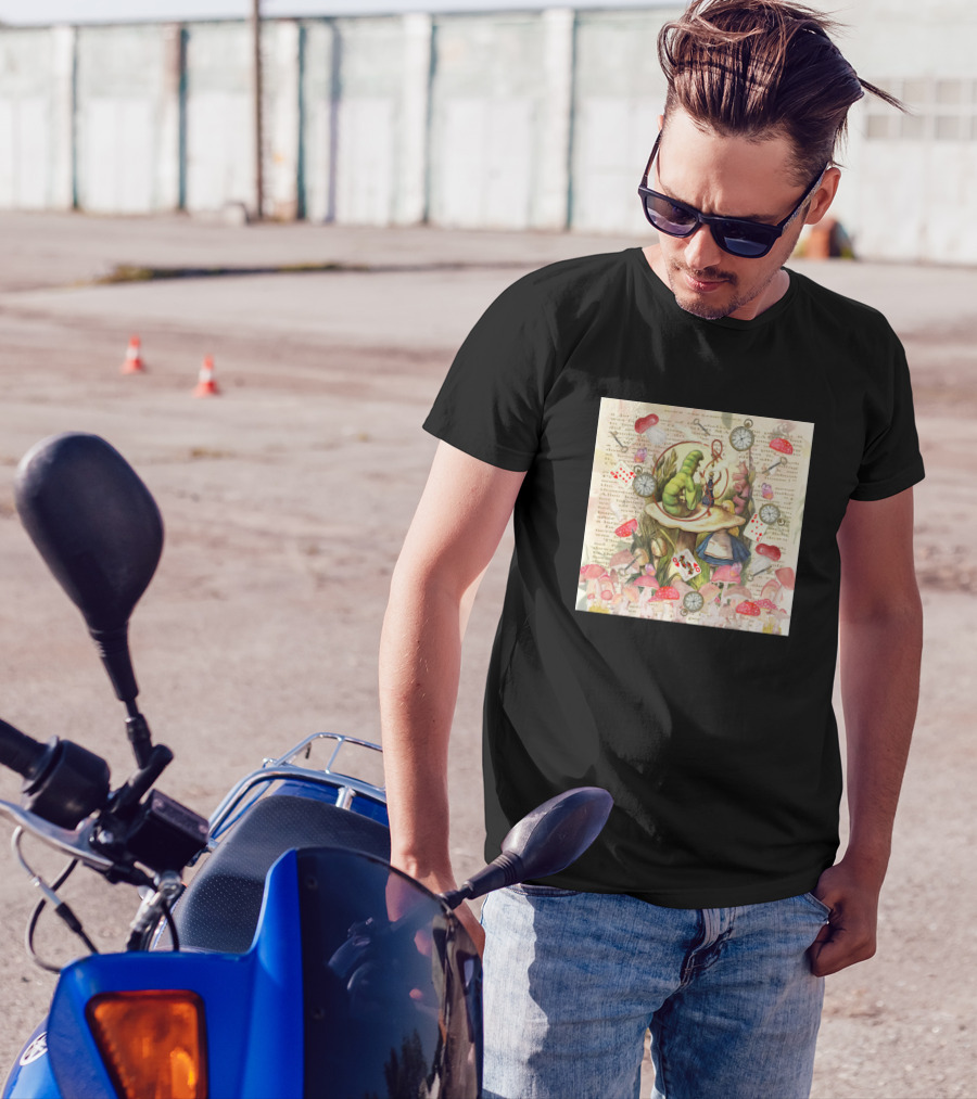 Alice And The Caterpillar Collage On Vintage Text With Mushrooms And Playing Cards T-Shirt
