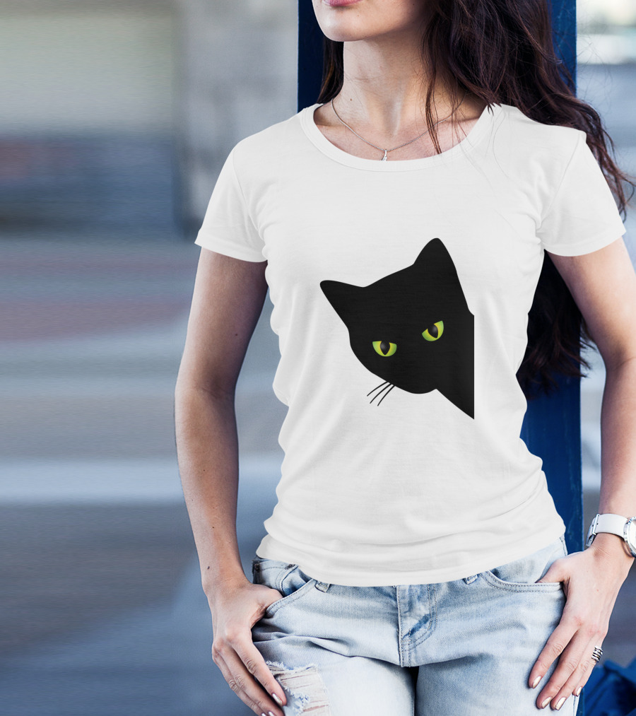 Annoyed Black Cat Peering With Green Eyes Behind Corner T-Shirt