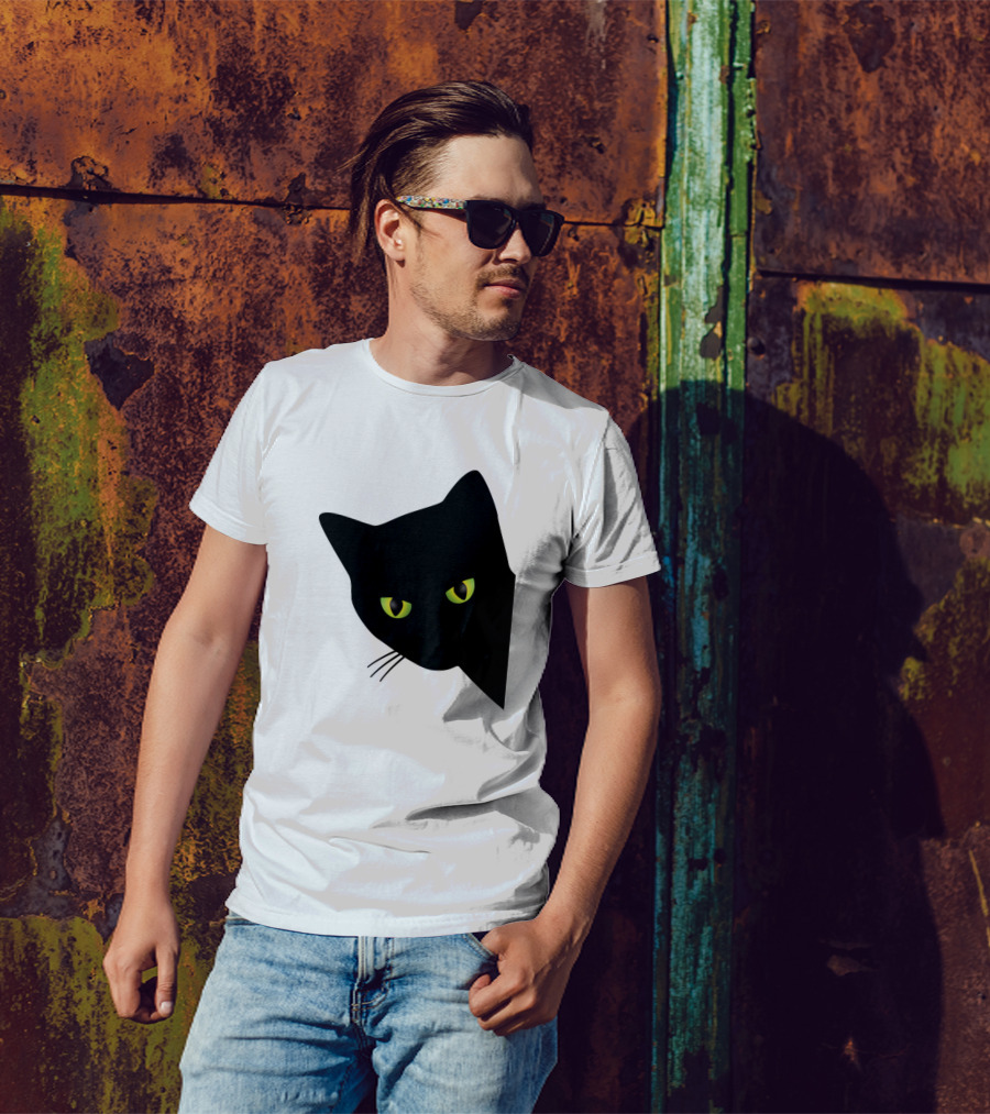 Annoyed Black Cat Peering With Green Eyes Behind Corner T-Shirt