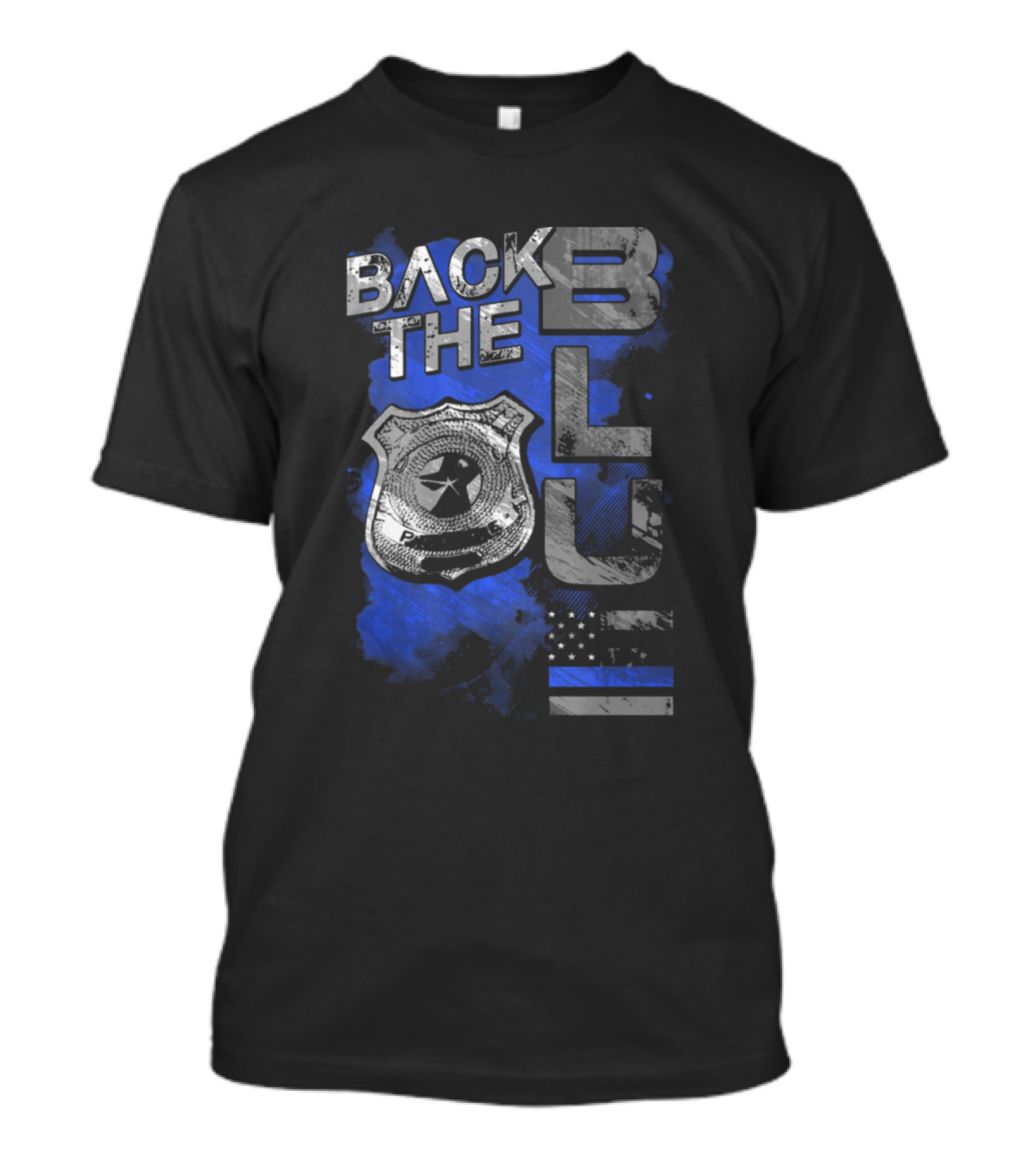 BACK THE BLUE Police Badge American Flag Thin Blue Line T-Shirt