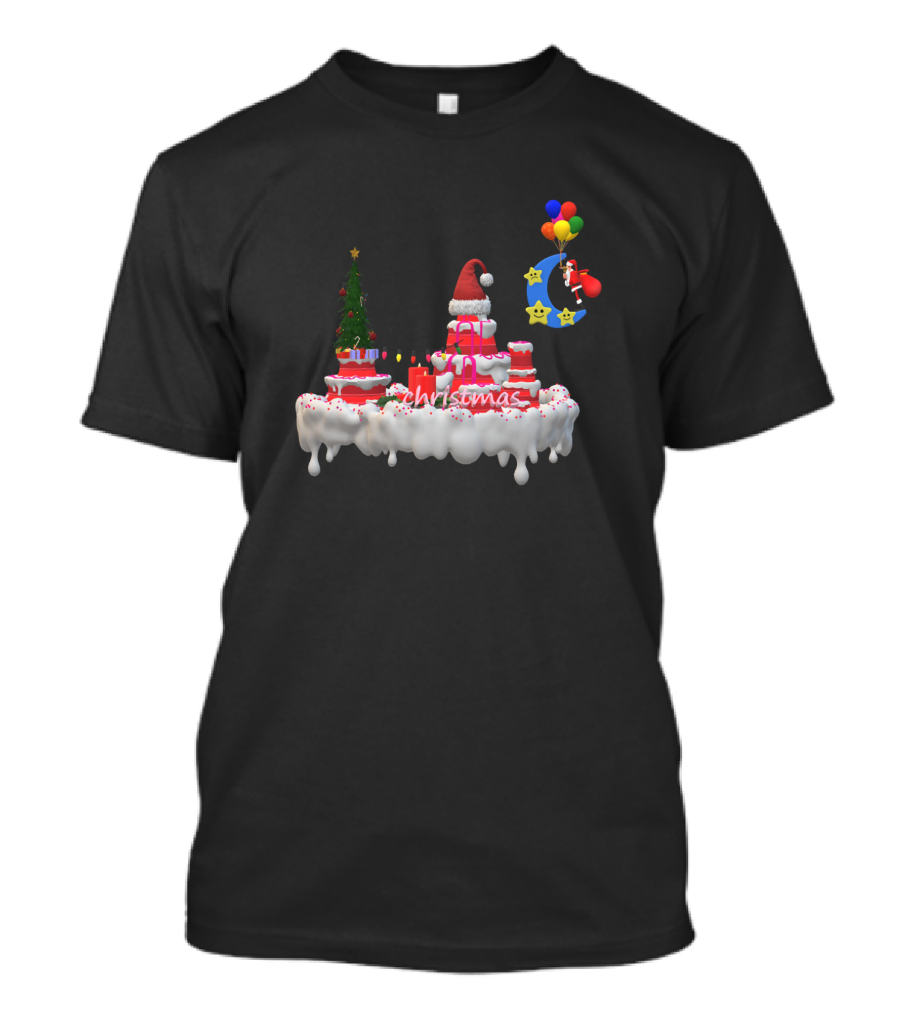 Christmas Tree Presents Santa Hat Balloons Moon Stars T-Shirt
