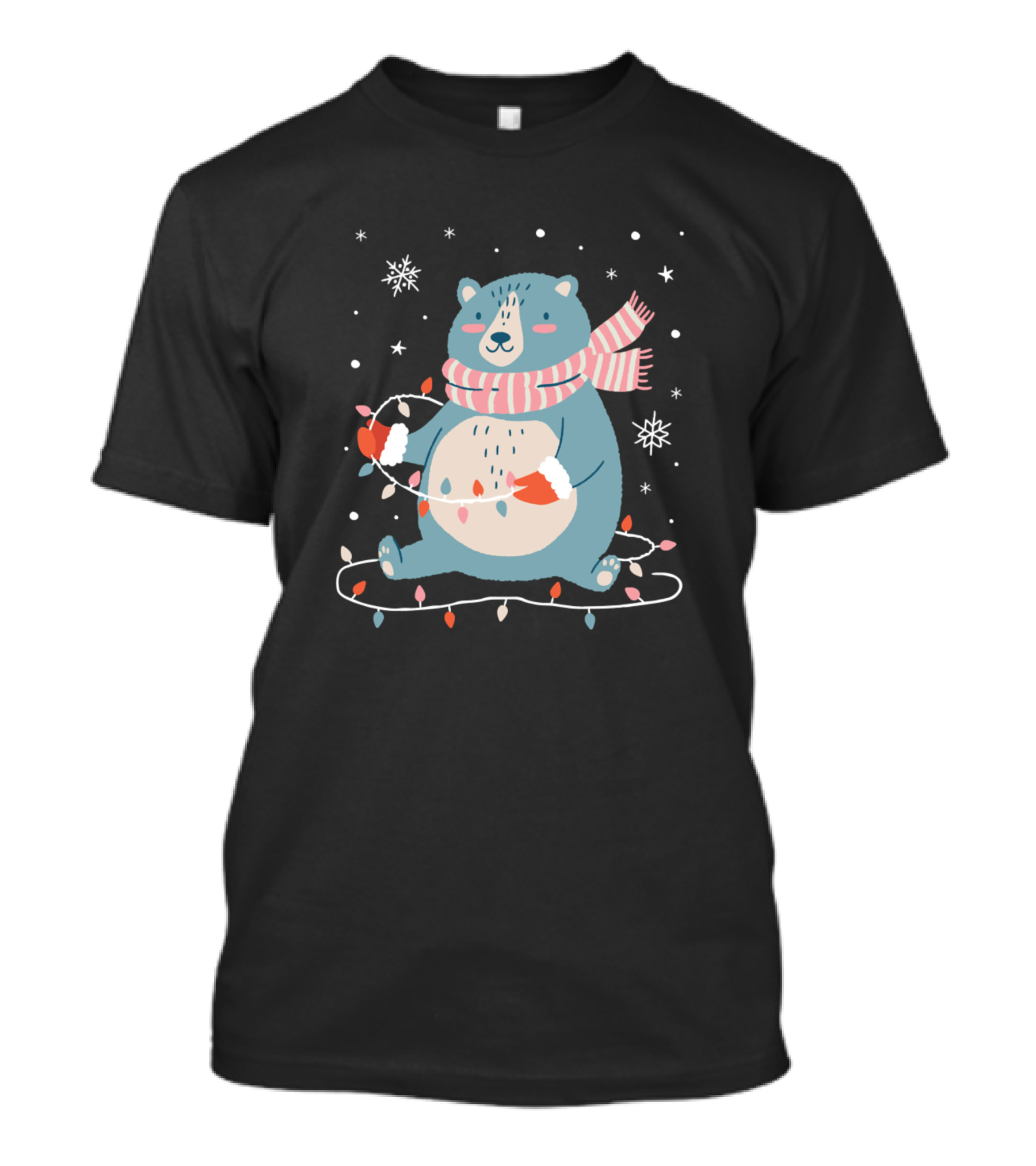 Christmas Cute Bear With Scarf And Fairy Lights Snowflakes T-Shirt