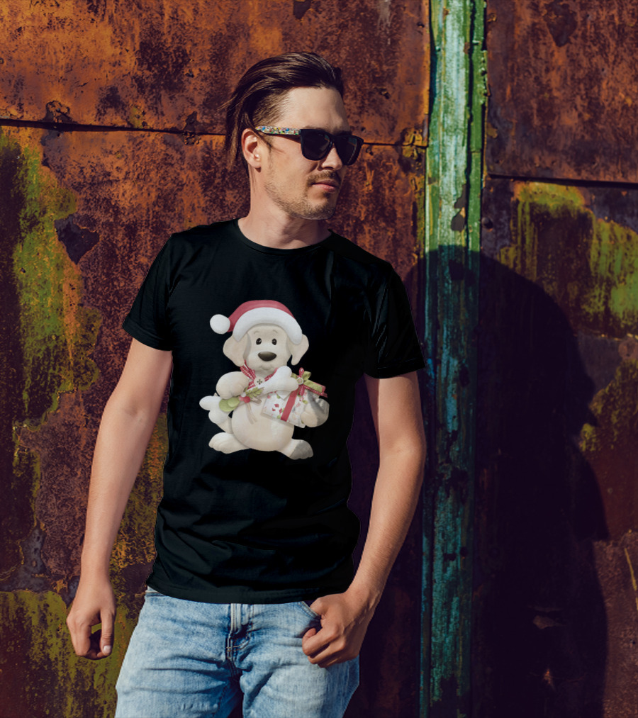 Christmas Puppy Dog With Santa Hat And Gift Box T-Shirt