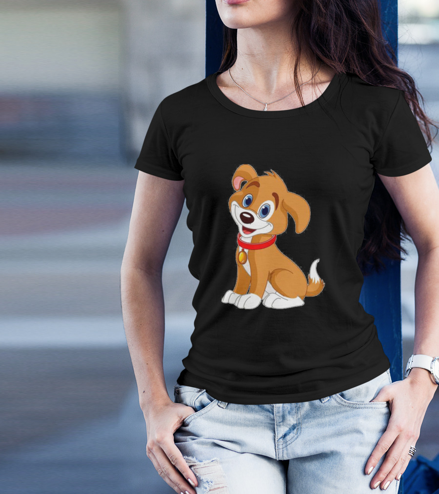 Cute Dogy Happy Cartoon Puppy With Red Collar And Gold Tag T-Shirt