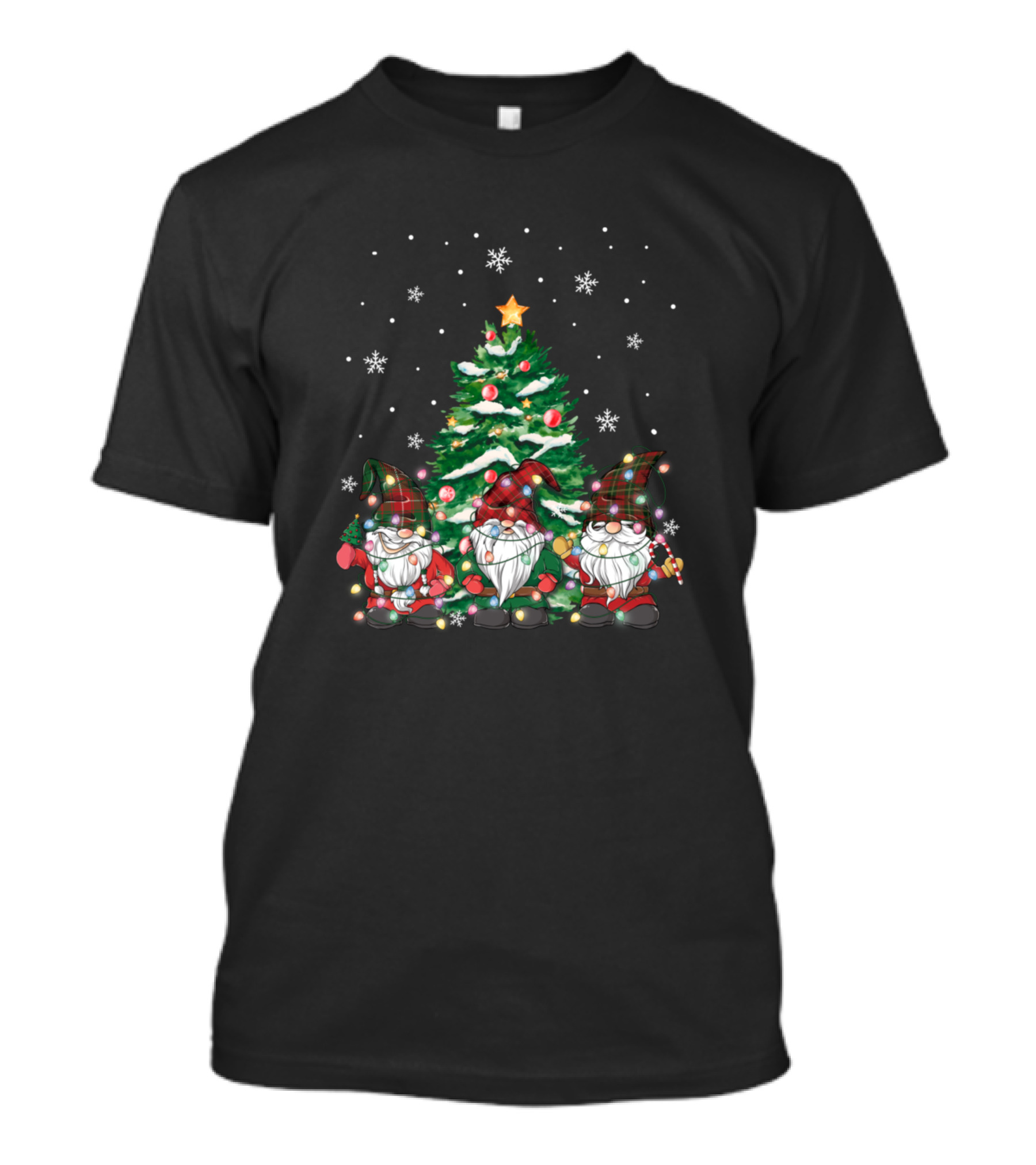 Gnome Buffalo Plaid Christmas Tree Lights Snowflakes T-Shirt
