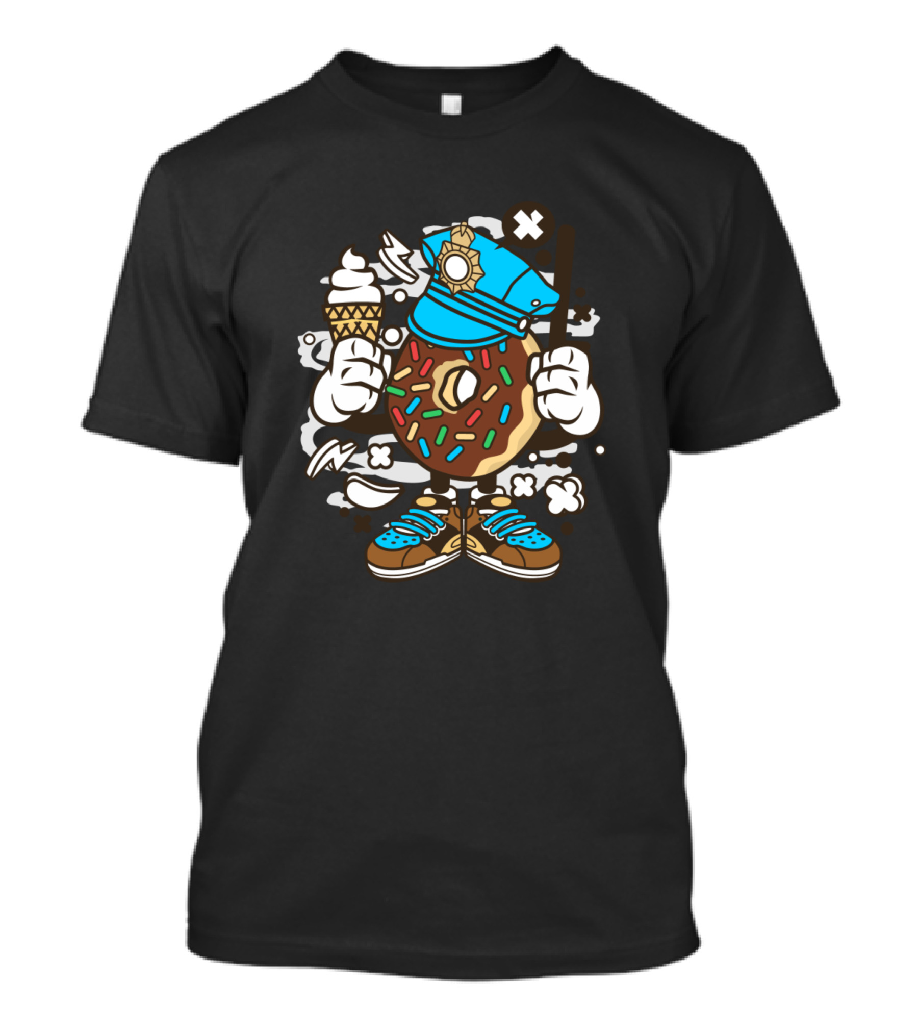 Doughnut Policeman Holding Ice Cream For Animated Characters Comics T-Shirt