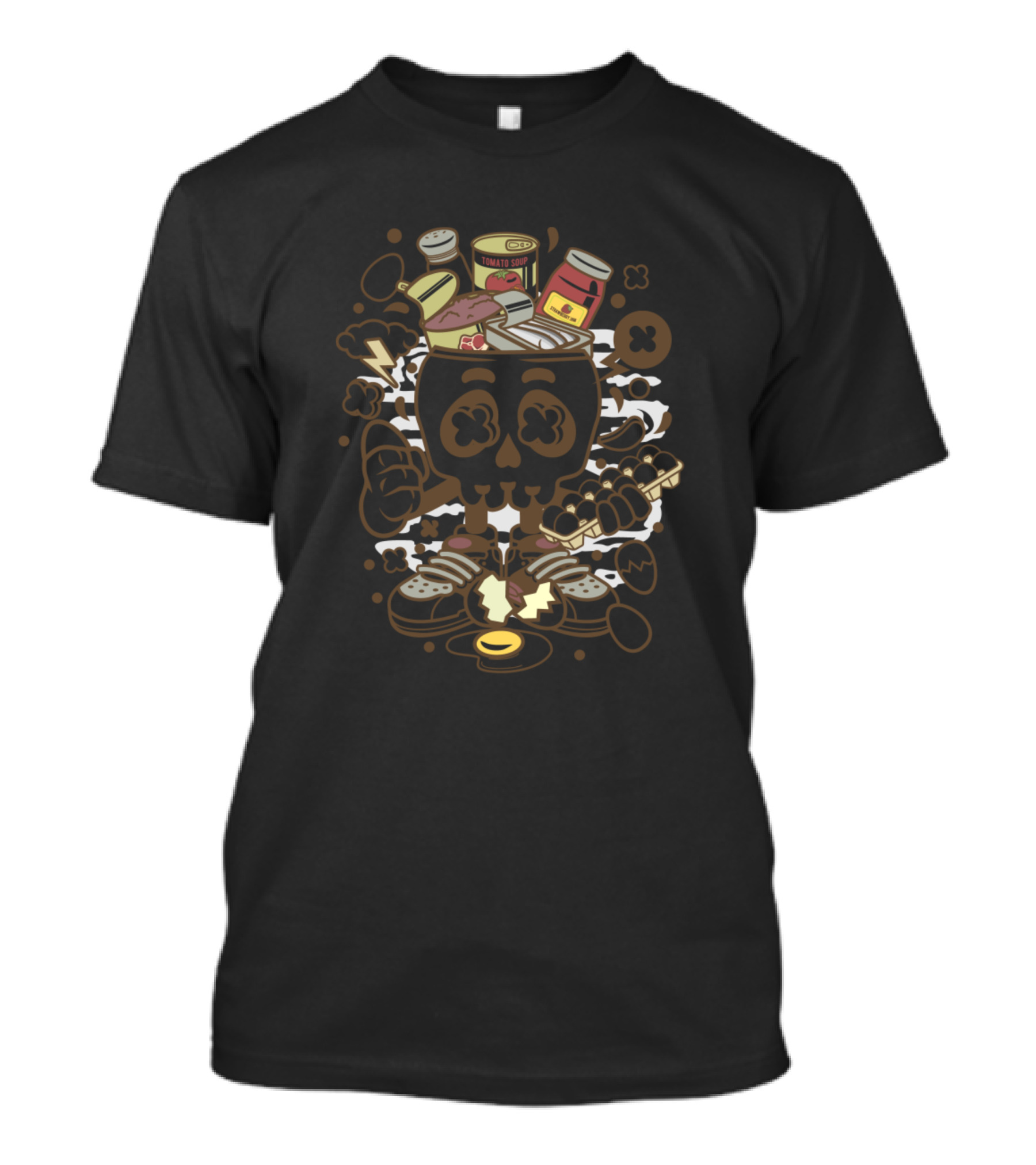 Egg Skull With Food Cans And Cartoon Elements T-Shirt