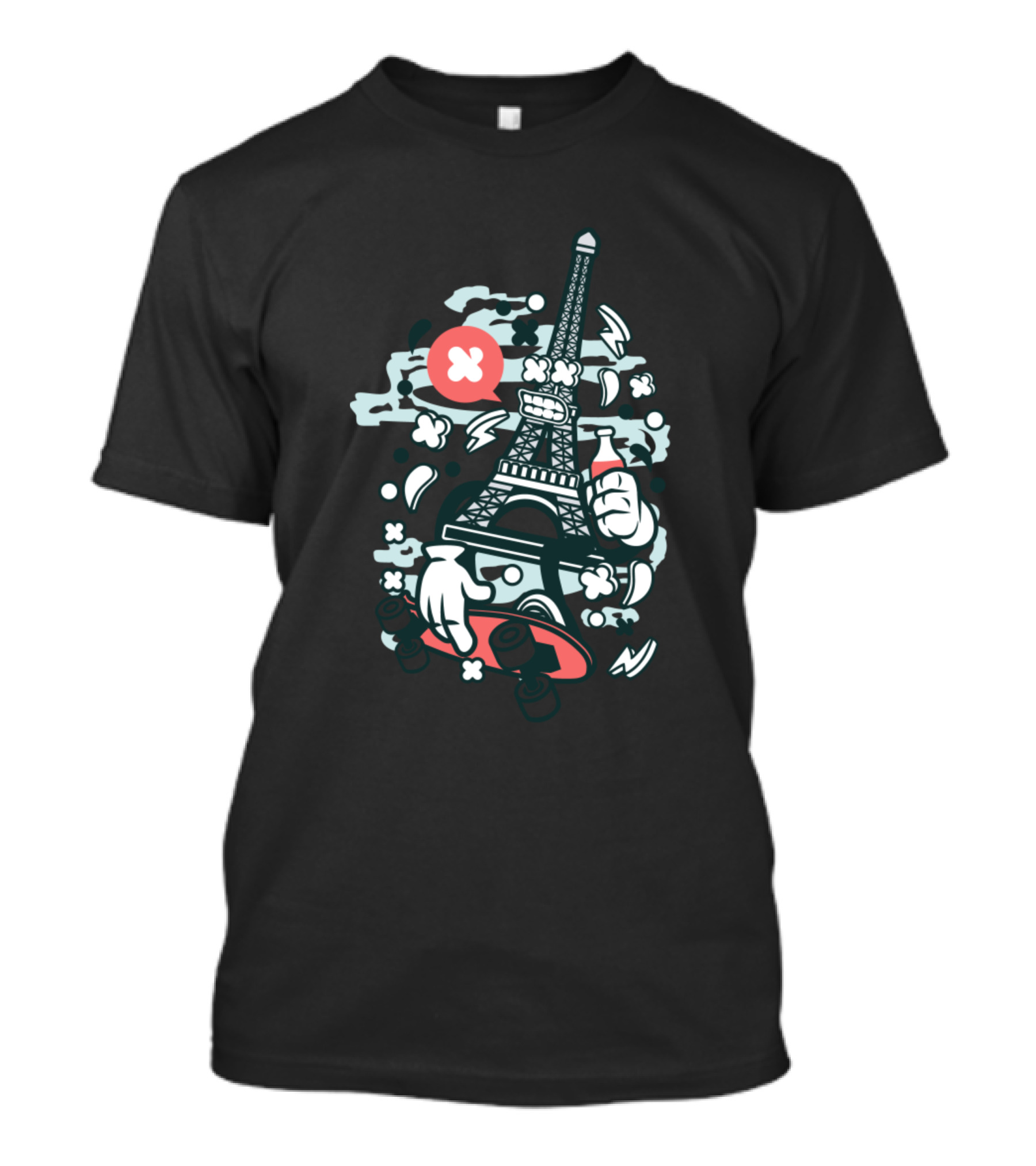 Eiffel Tower Skater With Animated Character Elements And Comic T-Shirt