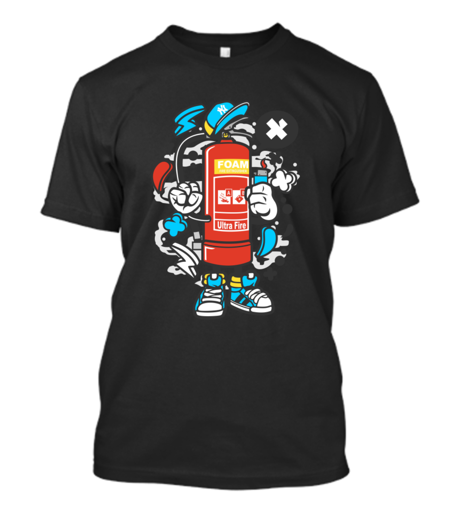 Ultra Fire Foam Extinguisher Cartoon Comics Character With Cap And Sneakers T-Shirt