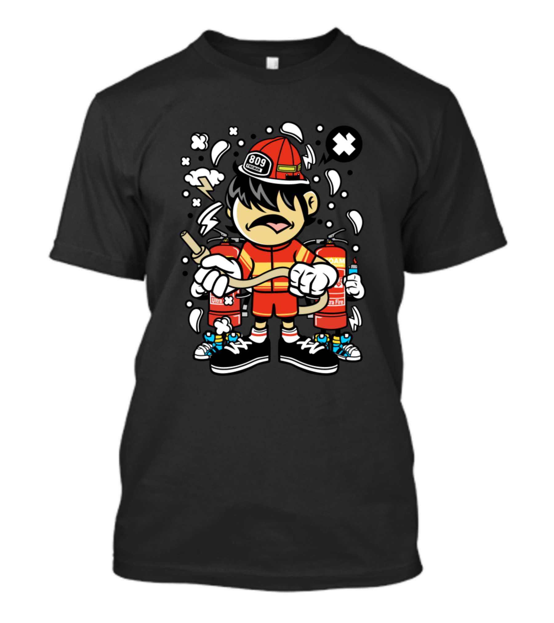 Firefighter Kid 809 Comics With Fire Extinguisher Cartoon T-Shirt