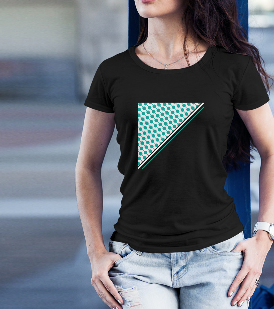 Geometric Abstract Blue Circles And Black Diagonal Contrast T-Shirt