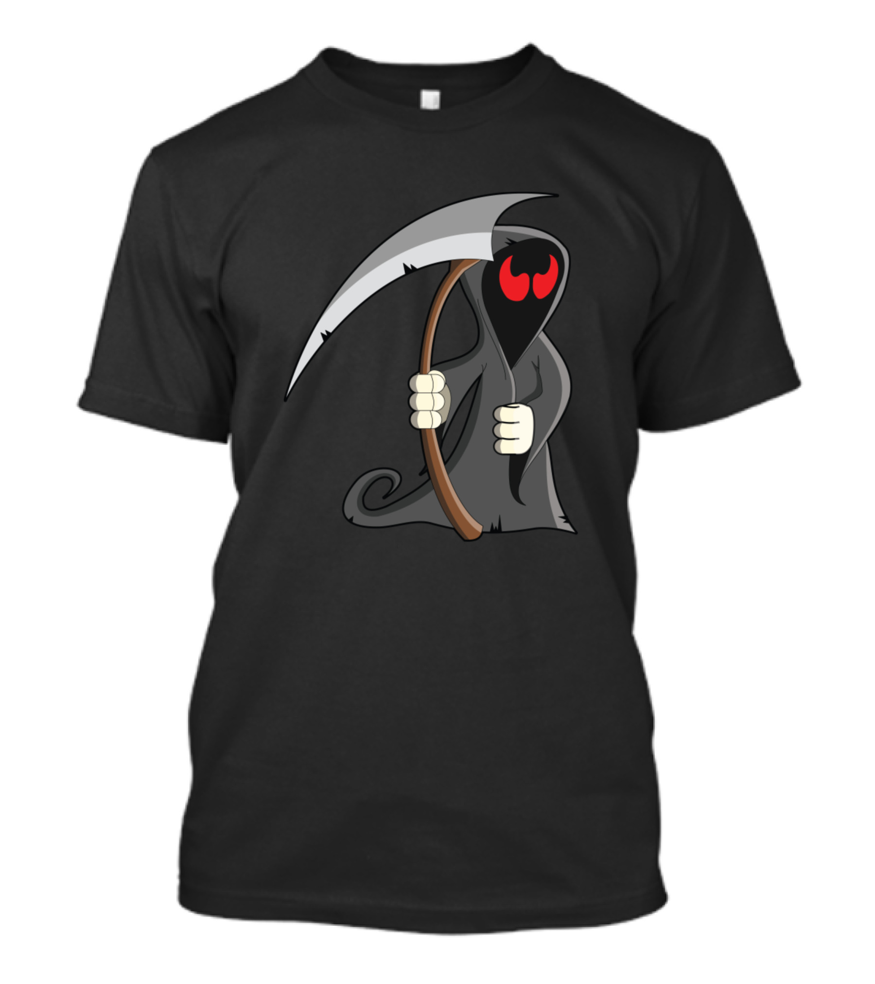 Halloween Grim Reaper Red-Eyed Cartoon Hooded Figure With Scythe T-Shirt