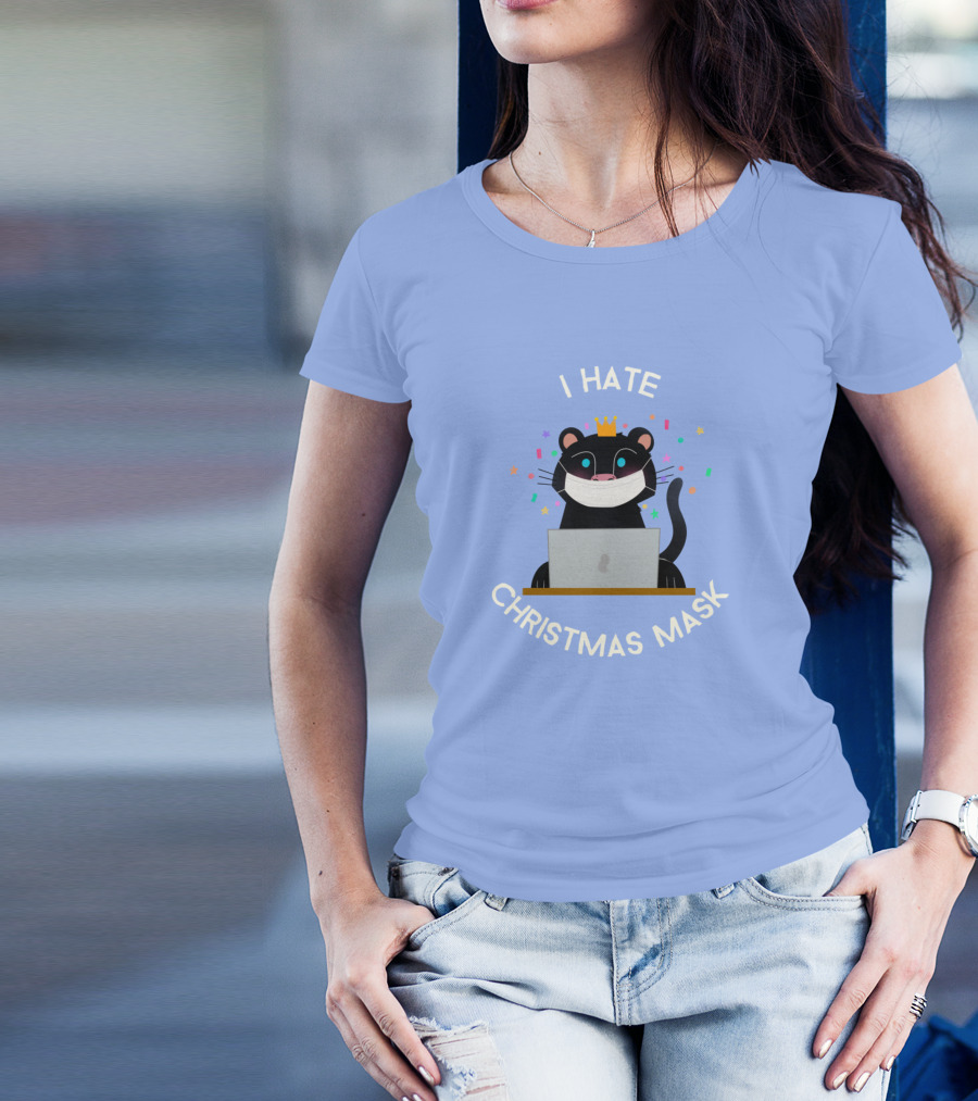 I Hate Christmas Mask Cat With Crown And Laptop T-Shirt