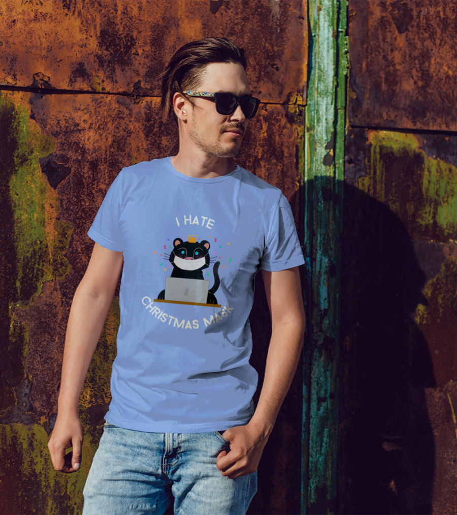 I Hate Christmas Mask Cat With Crown And Laptop T-Shirt