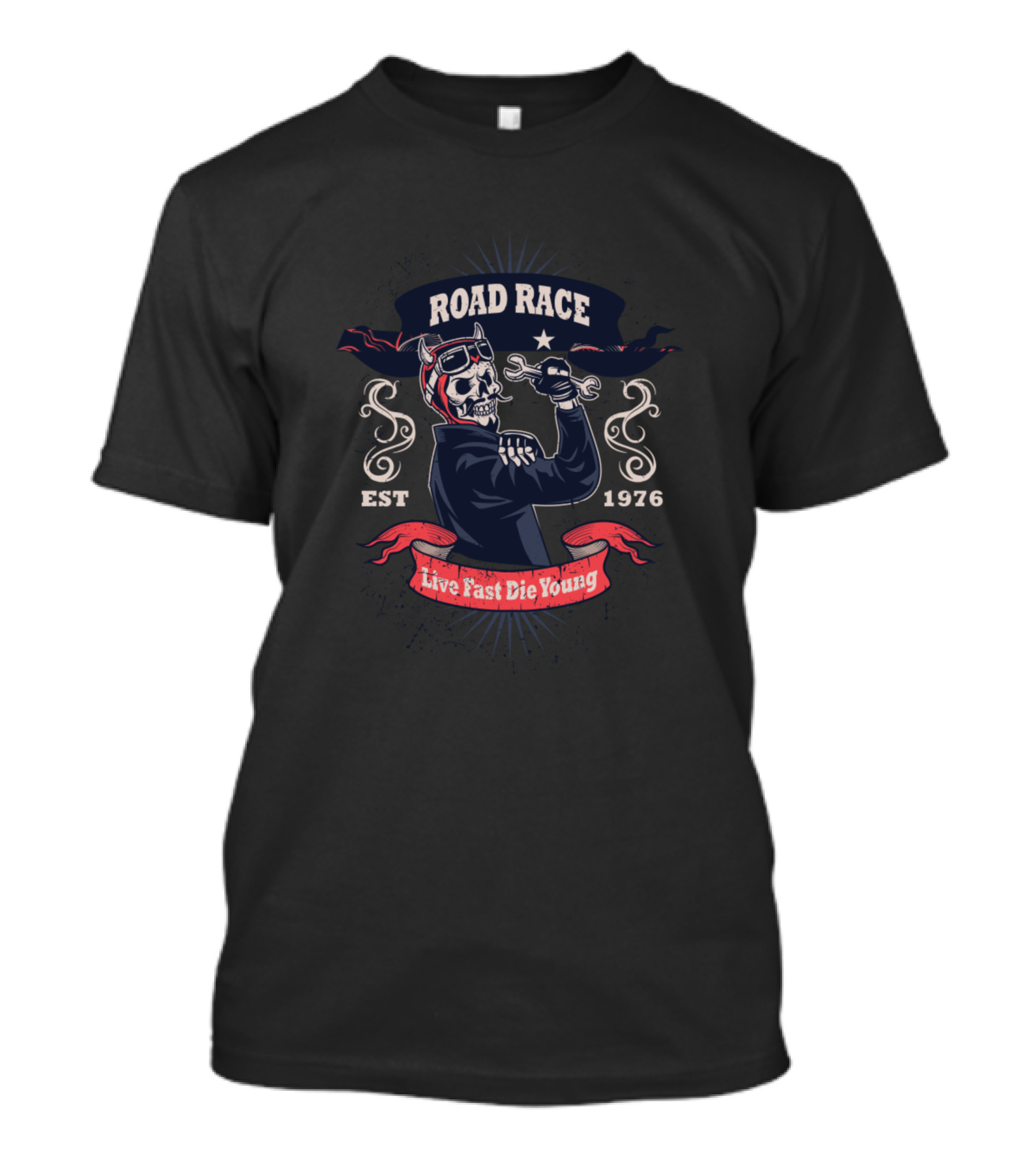 Road Race Est 1976 Live Fast Die Young Skull With Goggles T-Shirt