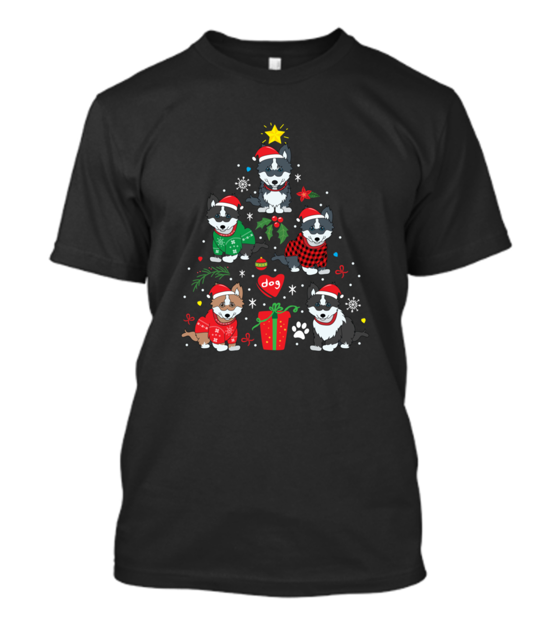 Merry Christmas Pomsky Tree Dog Paw Santa Hats Sweaters Star Present T-Shirt