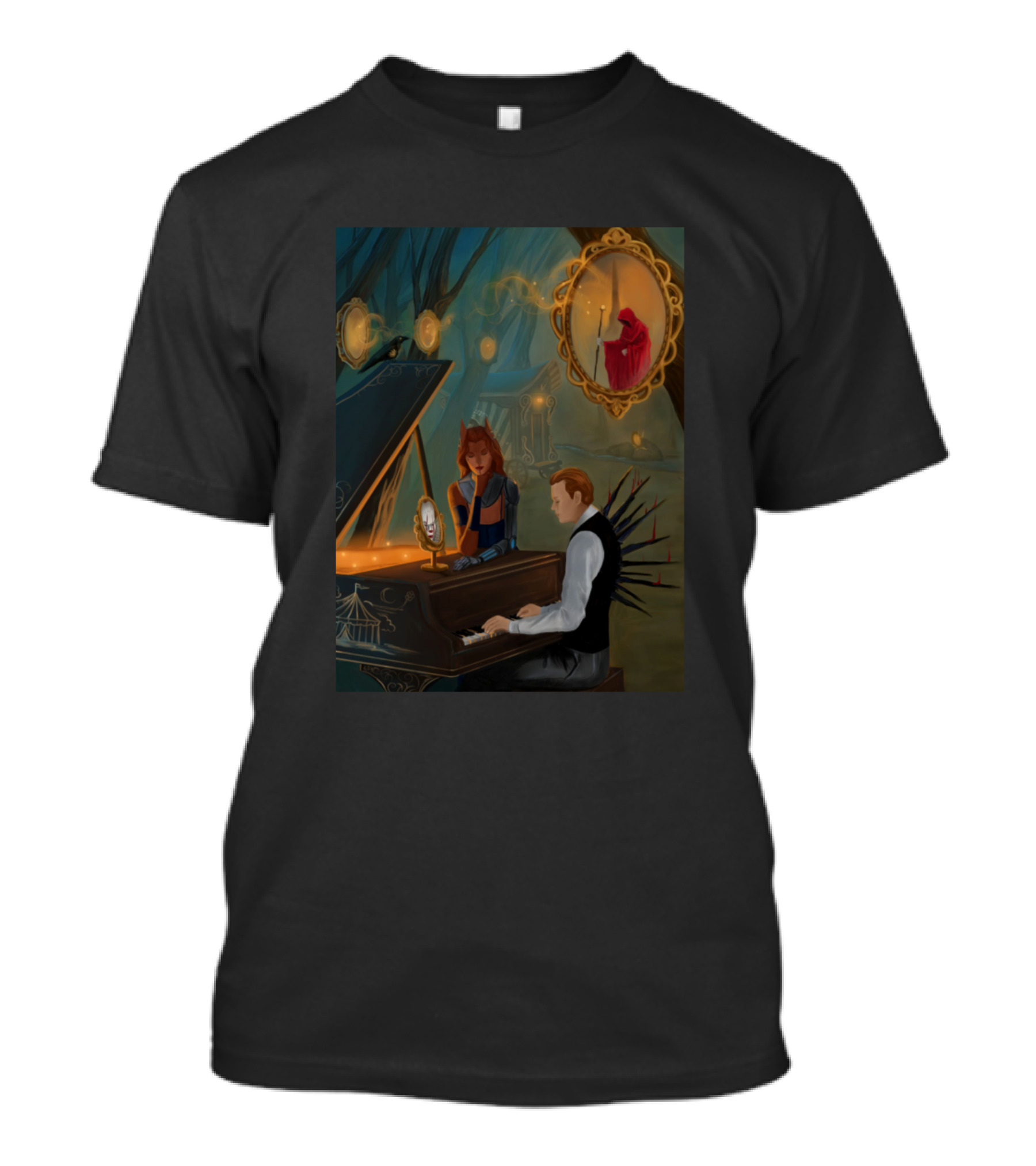 Mirrors Enchanted Forest Piano Scene With Red Hooded Figure Reflection T-Shirt