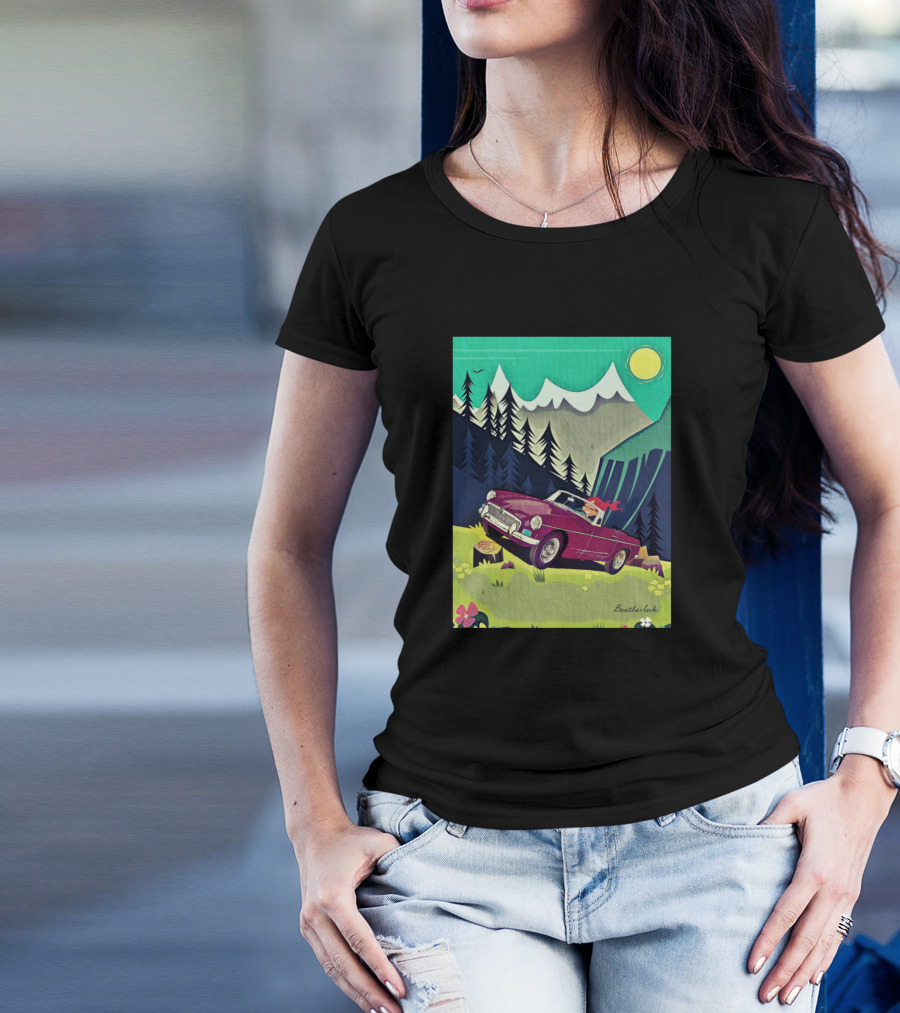 Suisse Alpine Adventure Vintage Car With Scenic Mountain Landscape T-Shirt