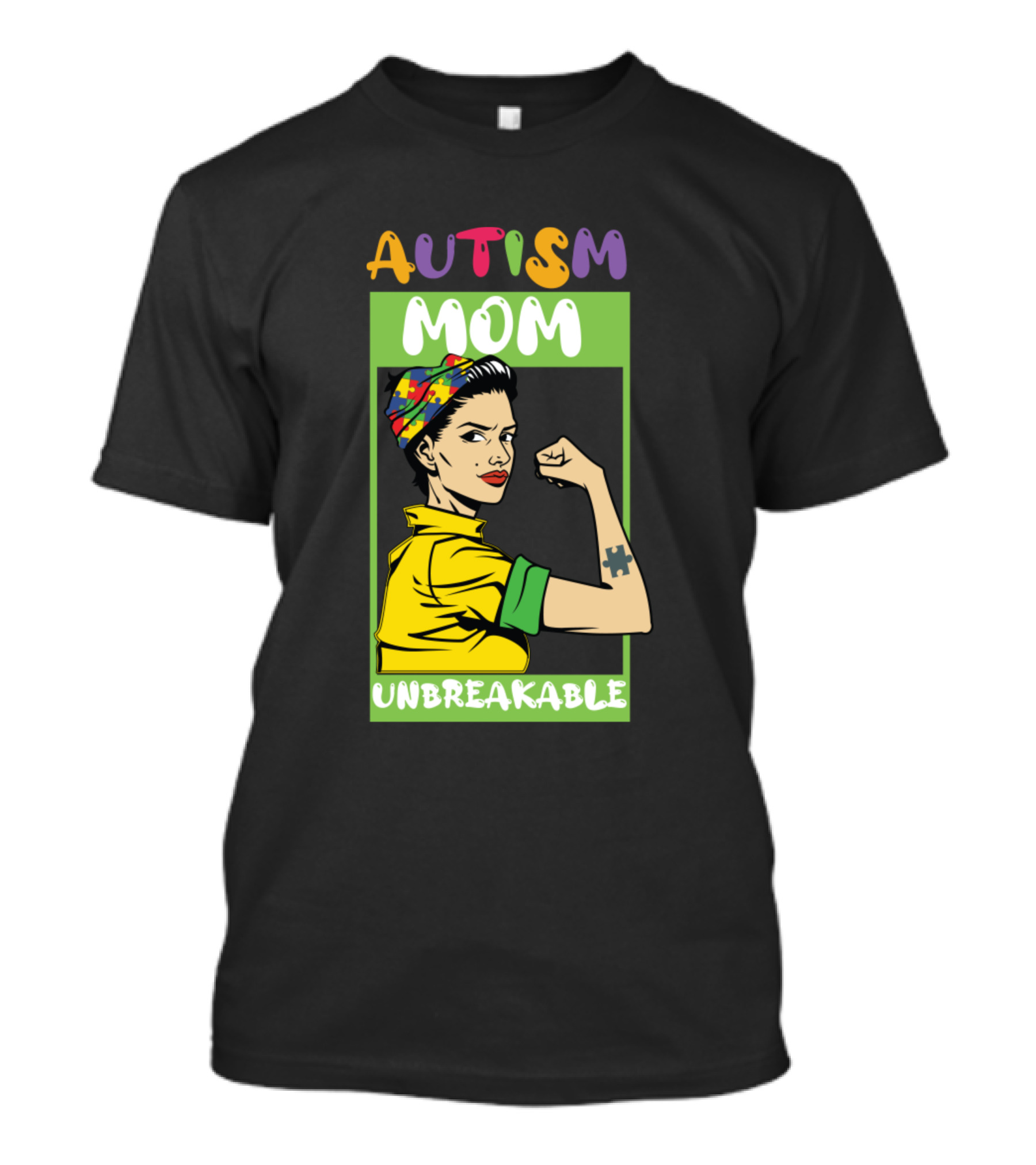 Autism Mom Unbreakable Rosie Riveter Style Puzzle Piece Tattoo T-Shirt