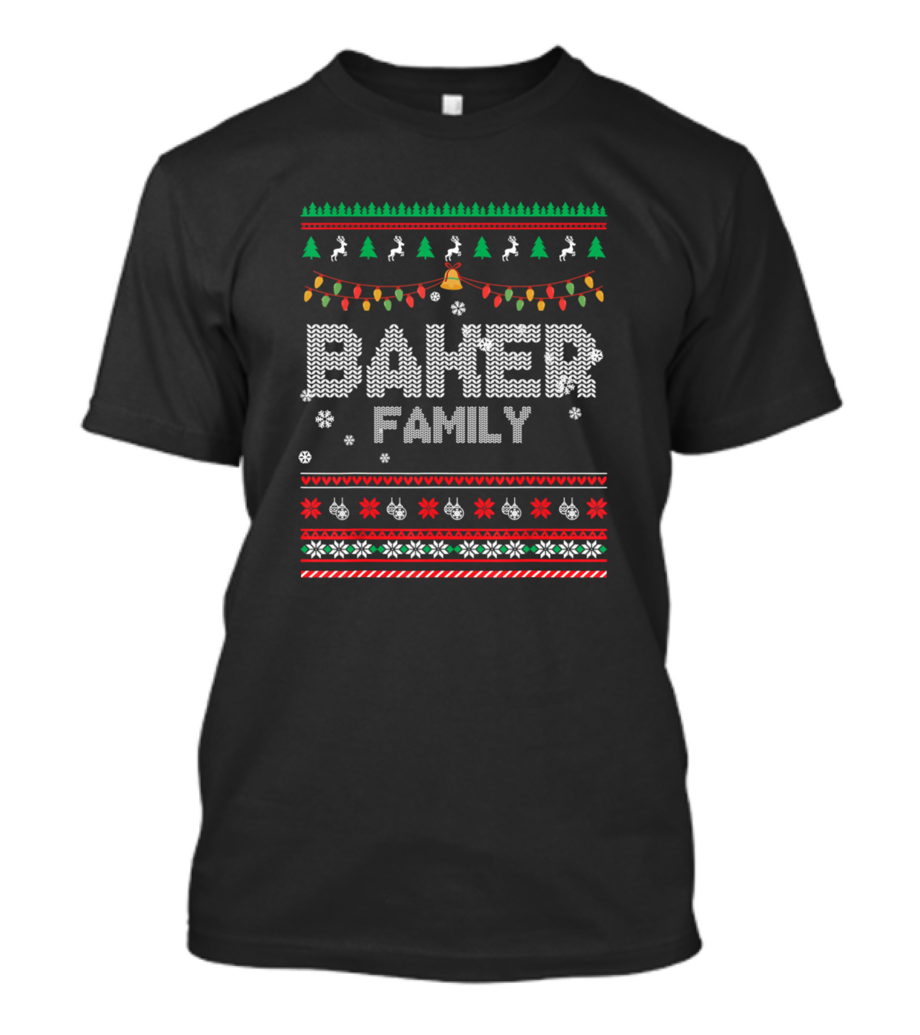 Baker Family Christmas Merry Xmas Name Festive Lights Patterns Trees Snowflakes T-Shirt