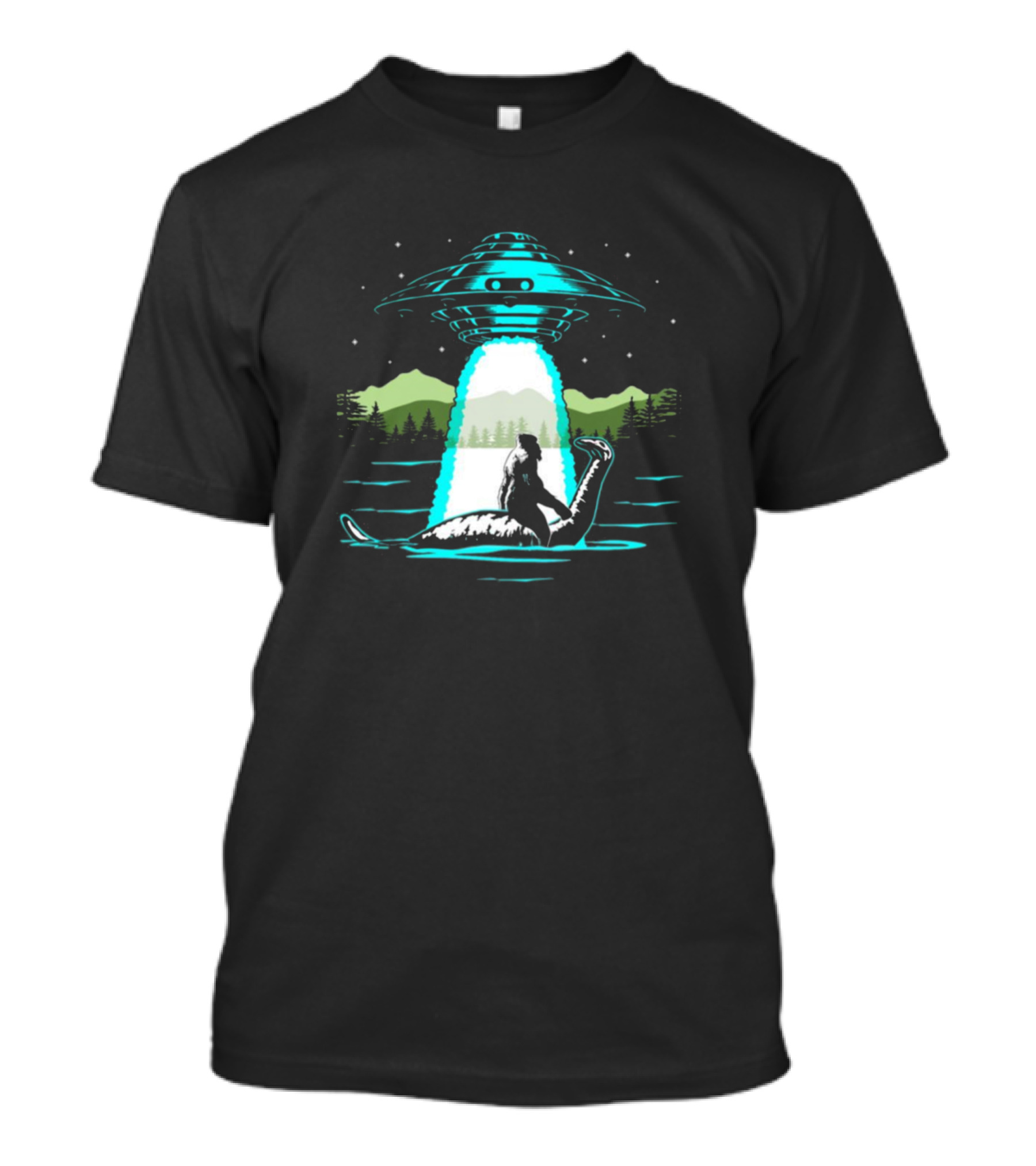 Bigfoot Riding Nessie Under UFO Beam T-Shirt