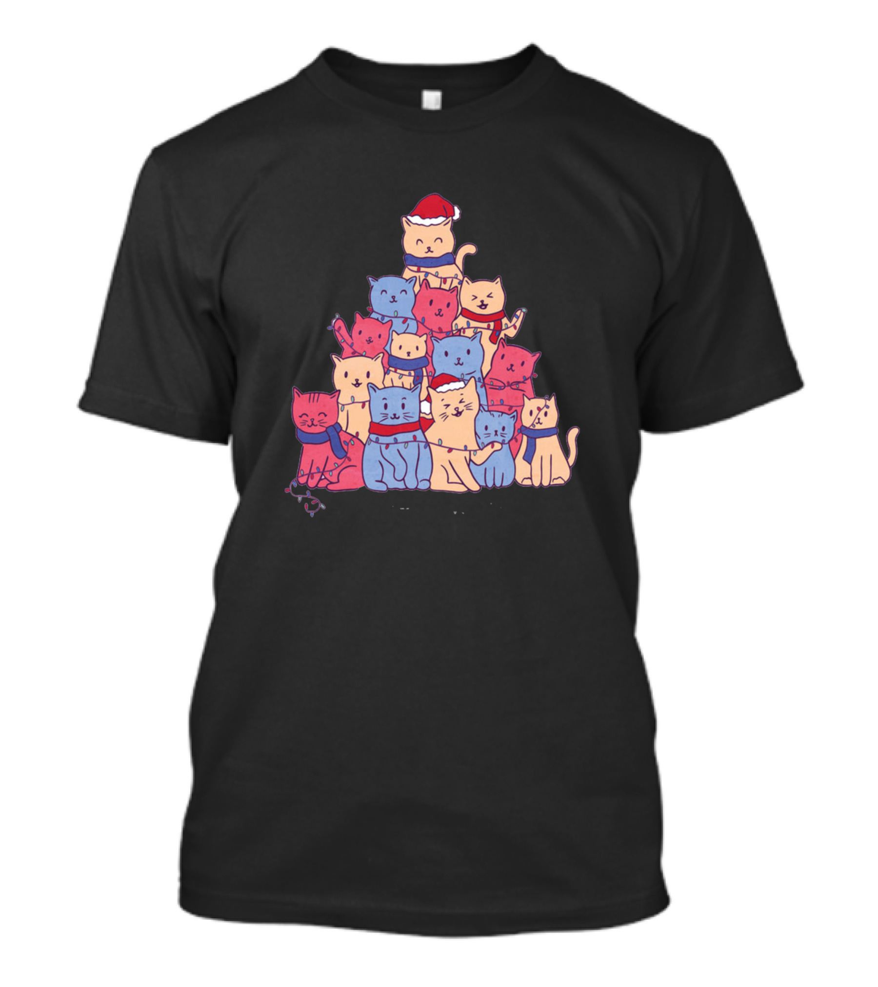 Cats Christmas Tree Pyramid With Santa Hats And Scarves T-Shirt