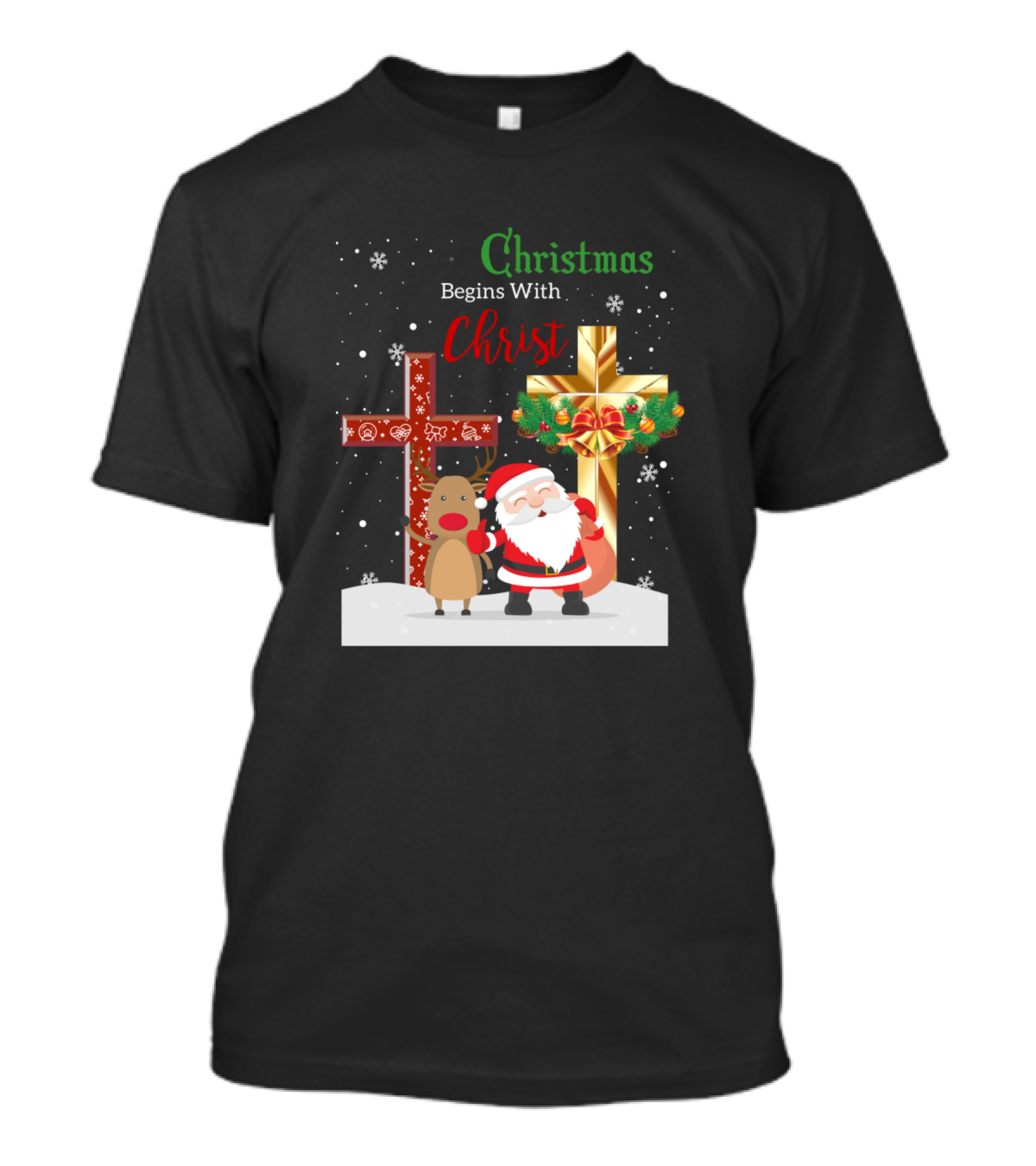 Christmas Begins With Christ Santa And Reindeer With Festive Crosses T-Shirt