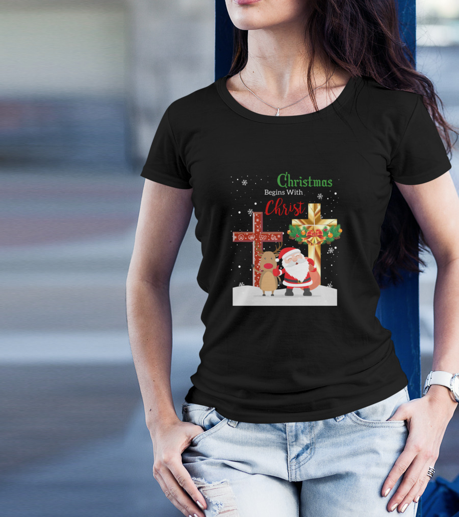Christmas Begins With Christ Santa And Reindeer With Festive Crosses T-Shirt