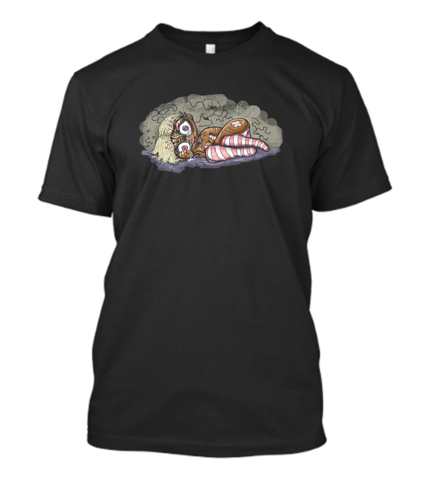 Crying Girl With Striped Pajamas Lying On Jigsaw Puzzle Floor T-Shirt