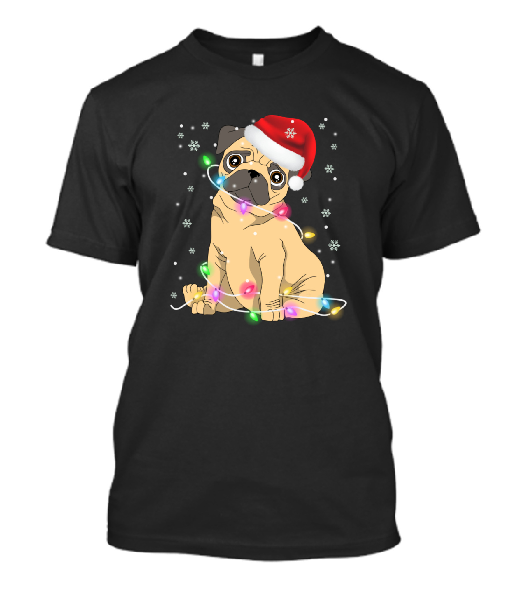 Pug Dog Wearing Santa Hat With Christmas Lights And Snowflakes T-Shirt