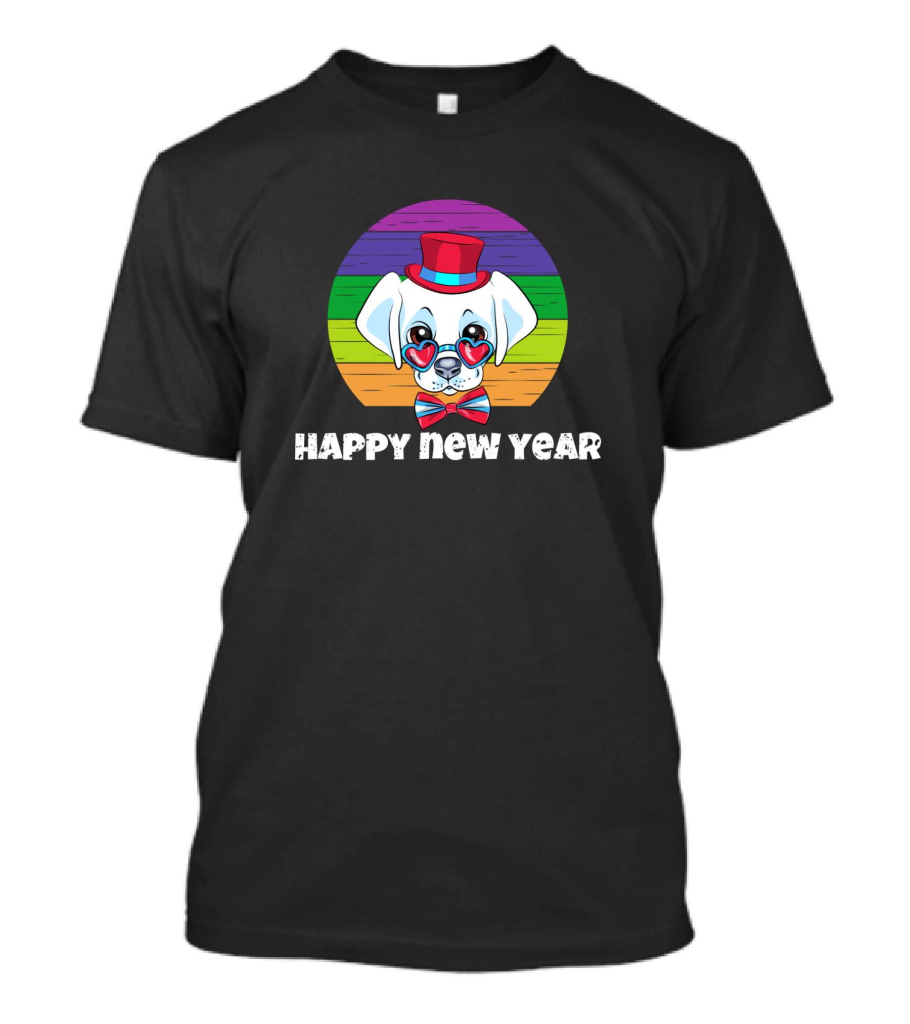 Cute White Puppy Happy New Year Hat Heart Glasses Rainbow Background T-Shirt